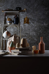 Fototapeta na wymiar Ceramic studio equipment for craft work with clay.