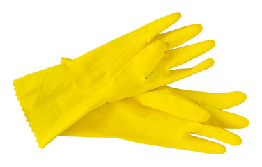 Pair of yellow rubber or latex gloves for household chores. Hand protection when working with household chemicals or dirt. Isolated on white background.