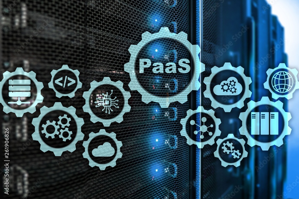 Poster platform as a service paas - cloud computing services concept. server room background.