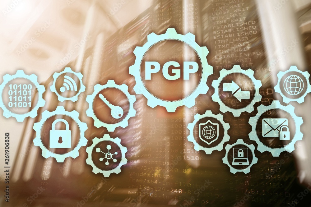 Poster pgp. pretty good privacy. technology encryption and security concept.