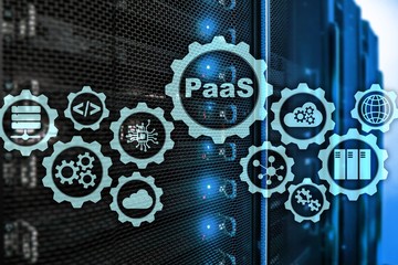 Platform as a service PaaS - cloud computing services concept. Server room background.