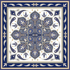 Indian paisley pattern vector. Silk scarf medallion fabric print. Floral mandala and vintage flower ethnic ornament. Damask design for woman shawls, carpet, rug, pillow, bandana, tile texture.