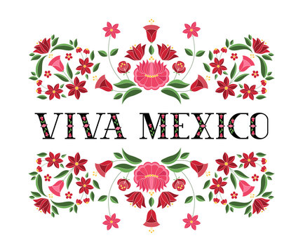 Viva Mexico illustration vector. Floral background with traditional flowers pattern from Tehuana Mexican flowers embroidery design.