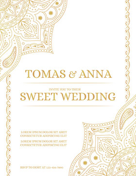 Traditional wedding invite card template vector. Vintage floral pattern with golden luxury background. Arabesque save the date design or bridal shower party invitation.