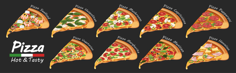 zestaw ikon płaskie pizzy na czarnym tle. wektor - 261908264
