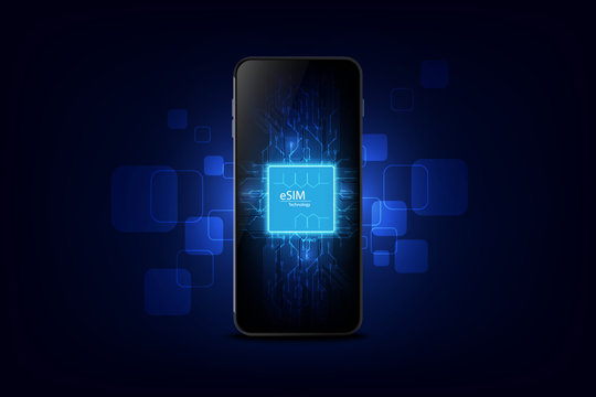 Smart phone  eSIM card chip sign. Embedded SIM concept. New mobile communication technology and  processor background circuit board vector illustration