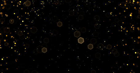 Abstract golden glitter on black background with bokeh. Luxury gold concept polygonal 3d rendered illustration.