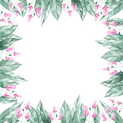 Frame of tropical leaves and pink flowers for decoration of invitation or other