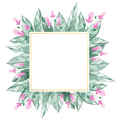 Gold frame of tropical leaves and pink flowers for decoration of invitation or other