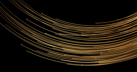 Abstract golden lines and spheres on black background with bokeh. Luxury gold concept polygonal 3d rendered illustration.