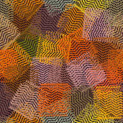 Seamless colorful pattern with grunge striped and wavy chaotic located square elements