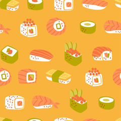 Vector Seamless Pattern with Different Types of Sushi and Rolls.