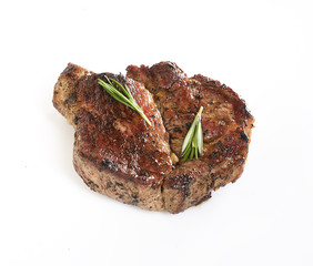 grilled steak on a white background. top view