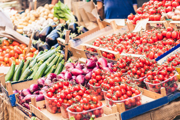 Various colorful fresh vegetables in the fruit market, Catania, Sicily, Italy.