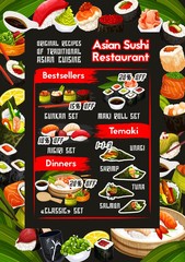 Japanese sushi menu of fish rolls, nigiri, temaki