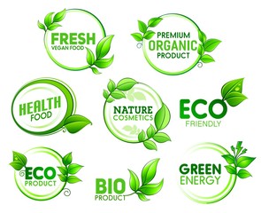 Eco, bio, organic product icons with green leaves