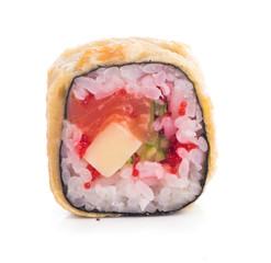 In front sushi rolls isolated on white background. Sushi rolls with eel, vegetables and unagi sauce.