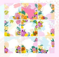 Set of square backgrounds with tropical fruits,shapes and leaves. Editable vector illustration