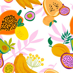 Seamless pattern with tropical fruits,shapes and leaves. Editable vector illustration