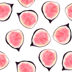  Watercolor set of fresh figs, slices of figs and leaves on a white background. Watercolor patterns and frames with figs and leaves.
