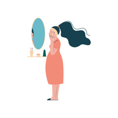 Attractive Brunette Pregnant Woman Applying Cream on her Face, Happy Pregnancy, Maternal Health Care Vector Illustration