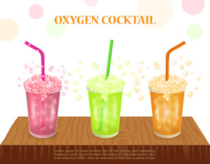 three oxygen cocktail on table. Concept for spa center. Glass with fruit cocktail and a pipe. vector illustration on a white background.