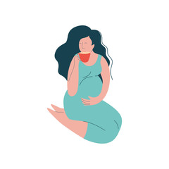 Attractive Brunette Pregnant Woman Sitting on Floor and Drinking Tea, Happy Pregnancy, Maternal Health Care Vector Illustration
