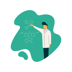 Obraz premium Male Scientist Professor Character Wearing White Coat Standing in Front of Chalkboard with Formulas Giving Lecture, Scientific Research Concept Vector Illustration