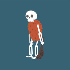Prehistoric Human Skeleton with Truncheon, Zombie Dead Man Cartoon Character Vector Illustration