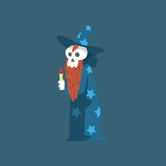 Bearded Skeleton Sorcerer, Funny Dead Man Cartoon Character Wearing Blue Mantle with Stars and Pointed Hat Vector Illustration