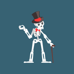 Skeleton Gentleman Weaing Top Hat and Bow Tie Standing with Walking Stick, Funny Dead Man Cartoon Character Vector Illustration