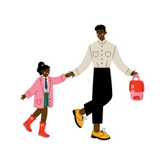 African American Father Leading His Daughter to School, Cute Girl and Her Dad Walking Together Vector Illustration