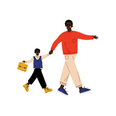 Father Leading His Son Student to School, Cute Boy and His Dad Walking Together Vector Illustration