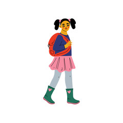 Girl in Casual Clothes Walking to School with Backpack, Primary Student, Elementary School Pupil Vector Illustration