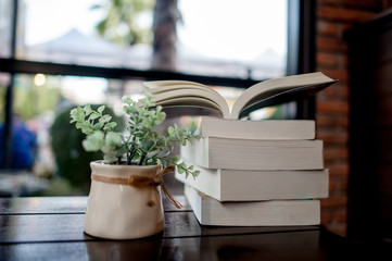 Book placed on the desk A lot of books, beautiful colors for studying, knowledge,education - images