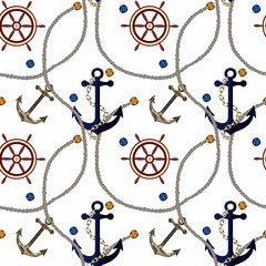 Seamless sea pattern with anchor, steering wheel, ropes on white background. 