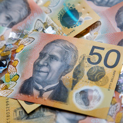 Australian fifty dollar banknote. The new 2019 issue bill is designed to deter counterfeiting, the note is polymer and water resistant with a clear holographic strip in a square format. 