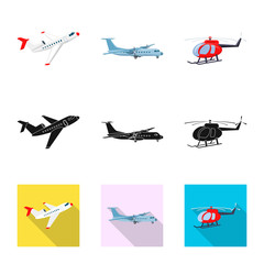 Vector illustration of plane and transport symbol. Set of plane and sky vector icon for stock.