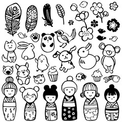 Cute animals, kokeshi dolls and more in the style of kodomo. Hand drawn miniatures for design.