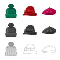 Vector design of headgear and cap symbol. Set of headgear and accessory stock vector illustration.