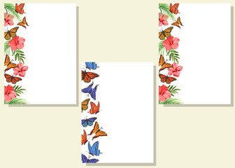 A set of cards with butterflies. White templates with tropical butterflies and flowers