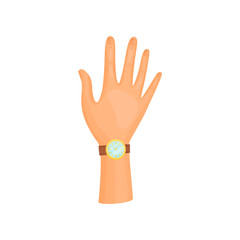Right hand with wrist watch on white background.