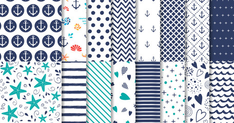 Set of marine and nautical backgrounds in navy blue and white colors Vector