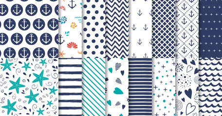 Fotobehang Set of marine and nautical backgrounds in navy blue and white colors Vector © Tani Kuzminka