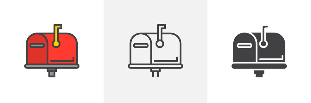 Mailbox closed, flag up icon. Line, glyph and filled outline colorful version, Post box outline and filled vector sign. Symbol, logo illustration. Different style icons set. Vector graphics