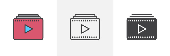 Video playlist icon. Line, glyph and filled outline colorful version, play multimedia player outline and filled vector sign. Symbol, logo illustration. Different style icons set. Vector graphics