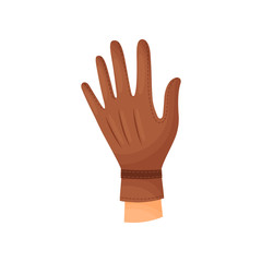 Hand in brown glove on white background.