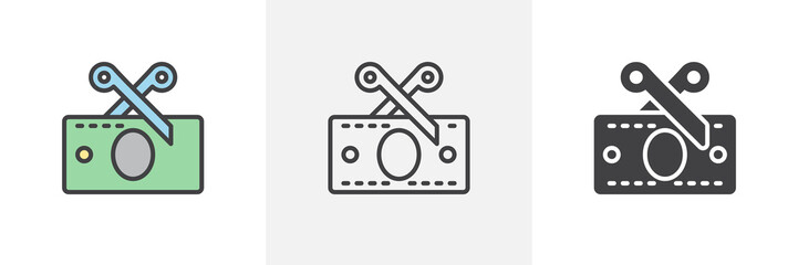 Scissors cutting money bill icon. Line, glyph and filled outline colorful version, Tax cut outline and filled vector sign. Symbol, logo illustration. Different style icons set. Vector graphics