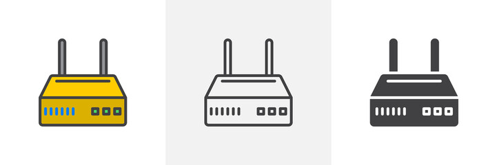 Fototapeta premium Internet router icon. Line, glyph and filled outline colorful version, Wi-Fi modem outline and filled vector sign. Symbol, logo illustration. Different style icons set. Vector graphics