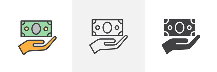 Hand and money bill icon. Line, glyph and filled outline colorful version, Cash money in hand outline and filled vector sign. Symbol, logo illustration. Different style icons set. Vector graphics